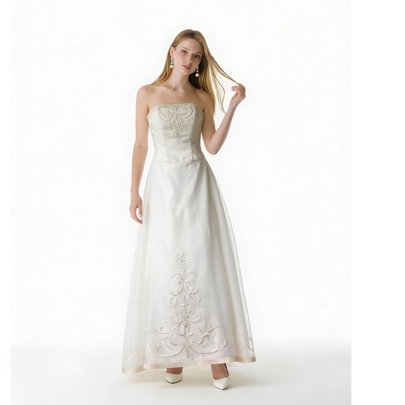 David's Bridal Dresses & Skirts - Michaelangelo Ivory Strapless Embroidered Wedding Dress 6 W/ 2 Veils & Petticoat